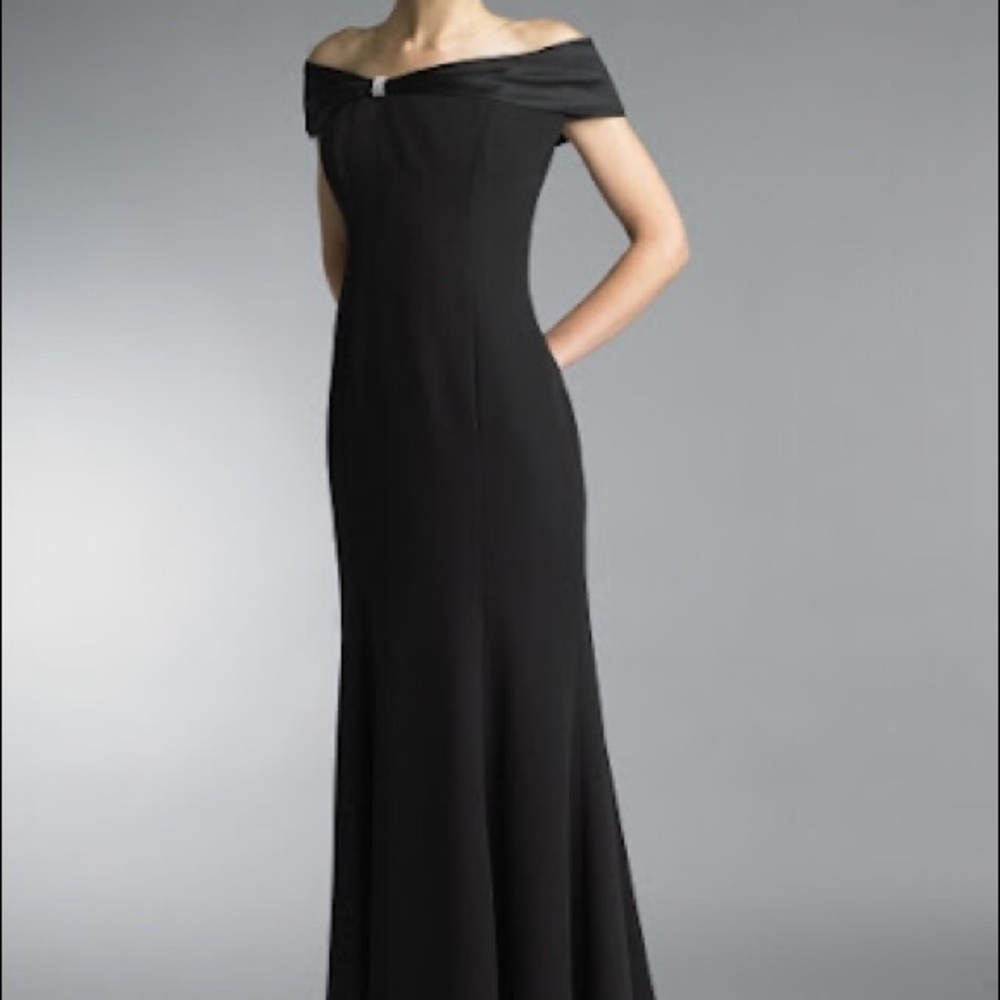 Black, strapless floor-length mother-of-bride dress